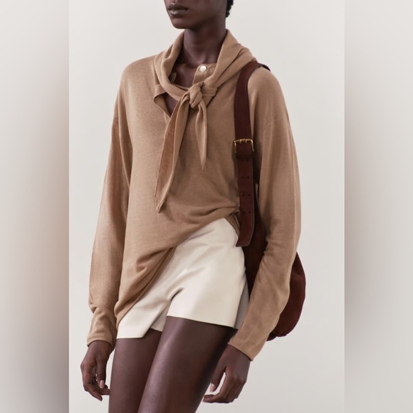 NWT ZARA Basic Knit Linen Blend Scarf Sweater Size S Tan Knit Sweater Tie Neck - Picture 3 of 17